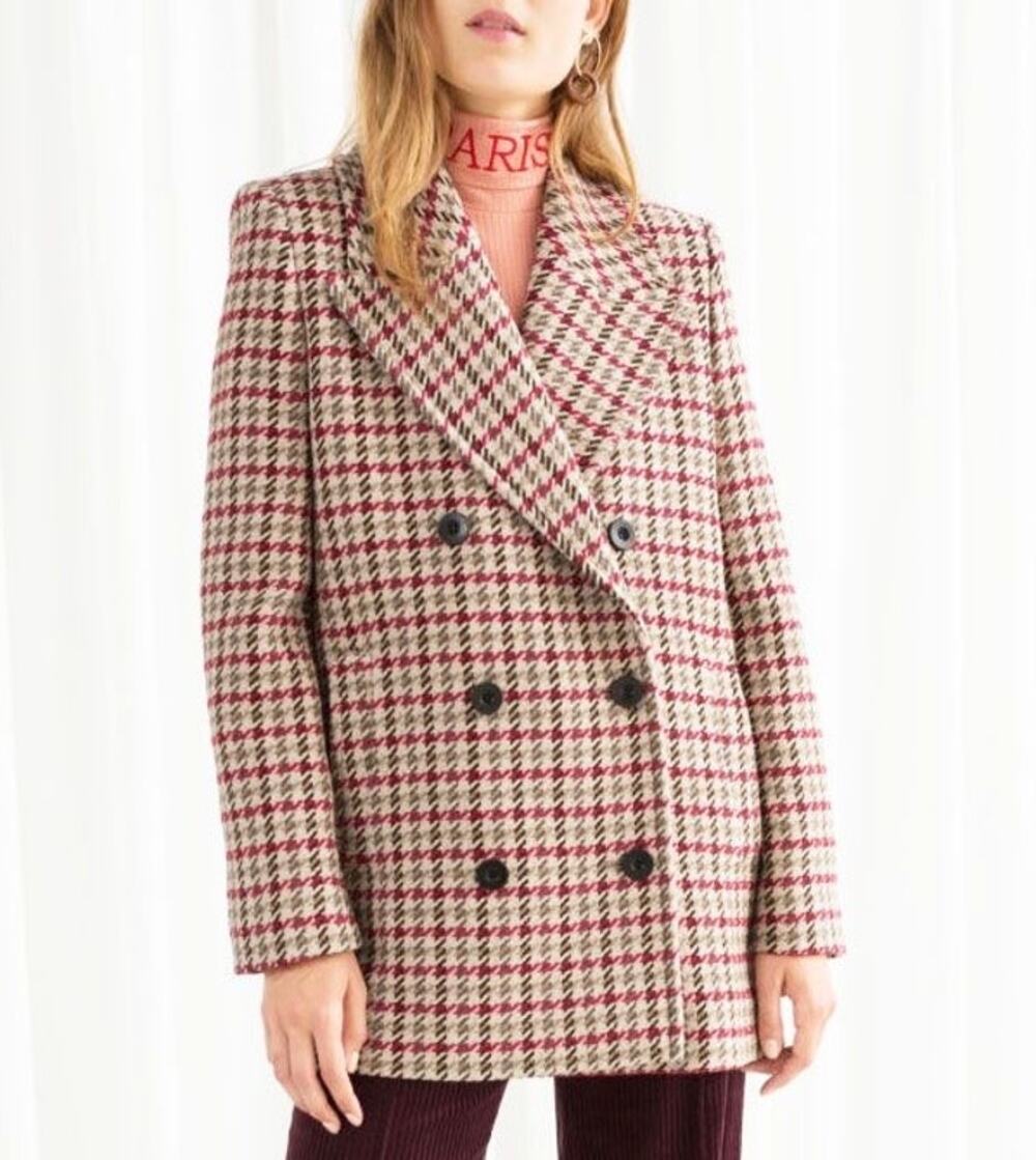 & Other Stories Wool Blend Houndstooth Oversized Blazer Coat Double Breasted - 6